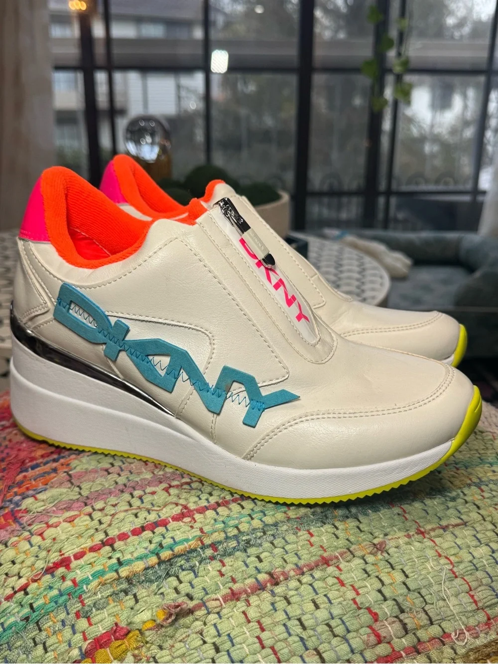 🔵⚪️🟠 DKNY White Platform Zip-up Wedge Sneakers with Bright Accents 🟠⚪️🔵‎